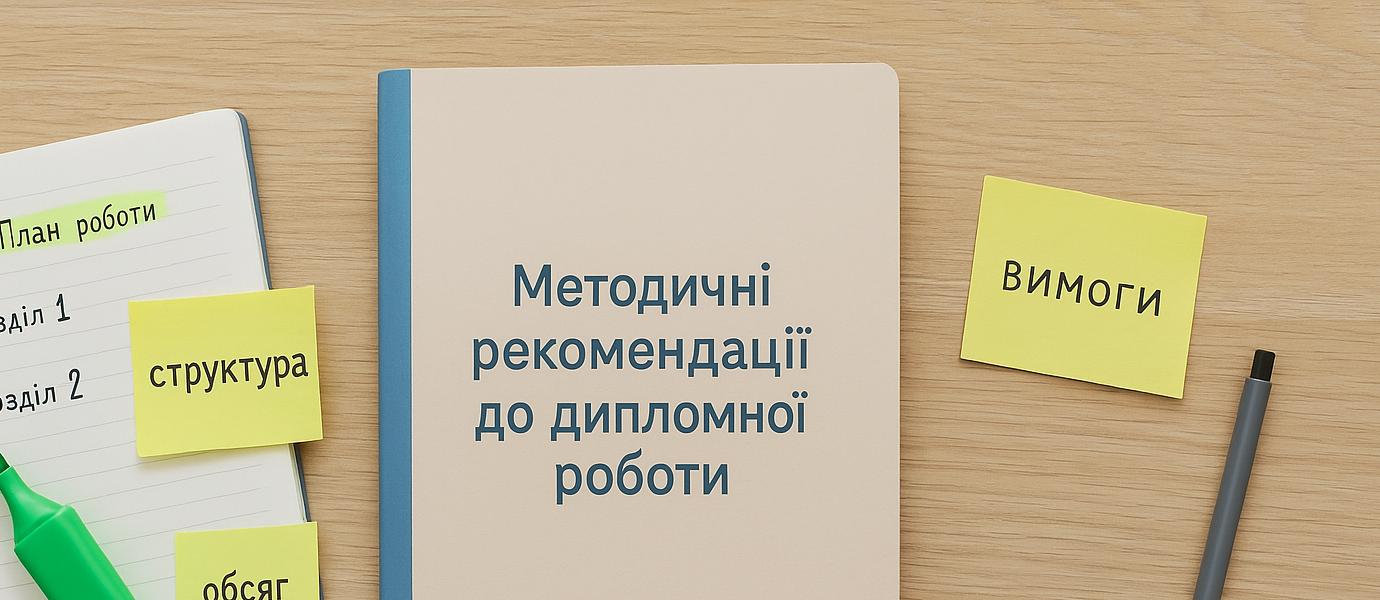 Фотореалістична брошура з назвою «Методичні рекомендації до дипломної роботи» на столі з нотатками та маркерами