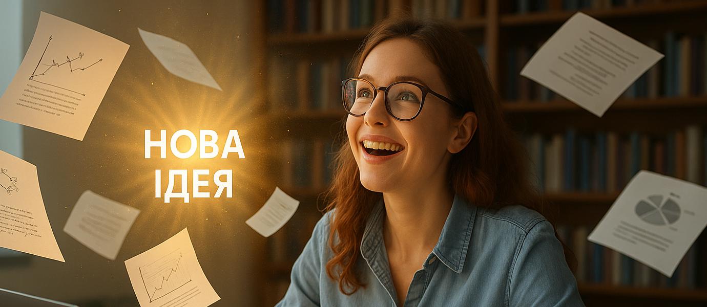 Молода дослідниця у бібліотеці з ноутбуком і блокнотом, навколо літають аркуші з формулами, в центрі сяє напис «НОВА ІДЕЯ»