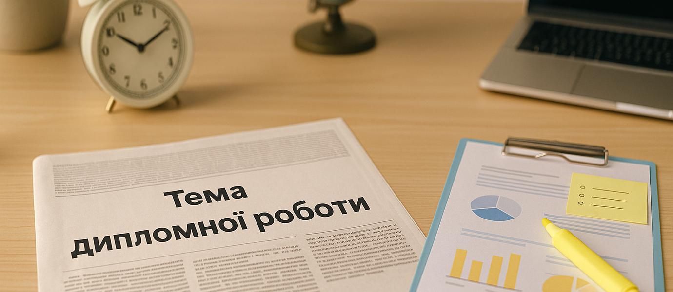 Робочий стіл з газетою «Тема дипломної роботи», годинником, ноутбуком і аналітичними графіками