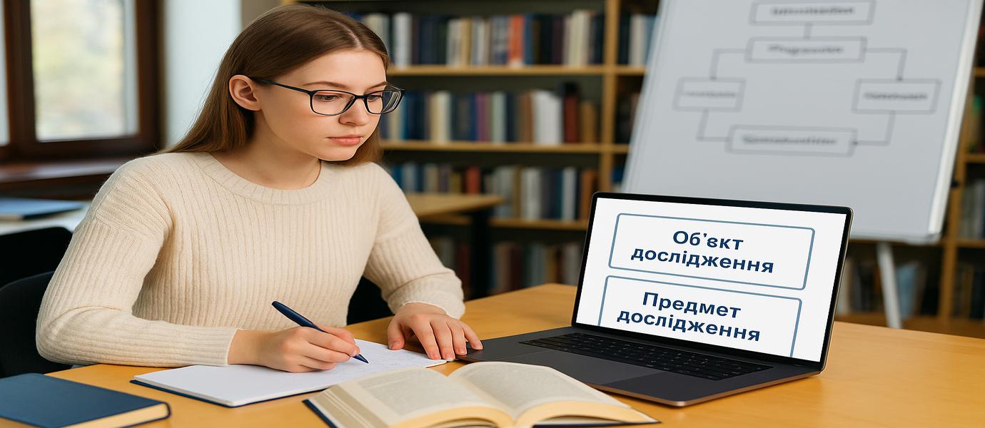Студентка працює над курсовою роботою, на екрані ноутбука зображено блоки "Об’єкт дослідження" і "Предмет дослідження"