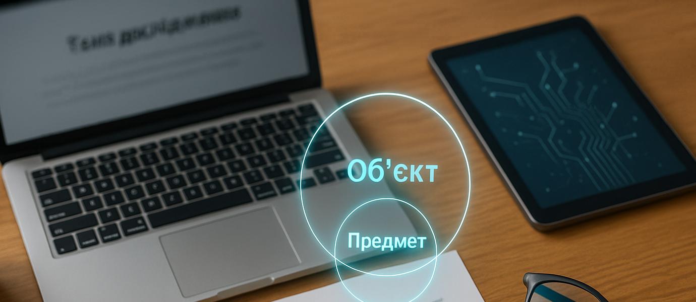 Документ на столі з AR-голограмою: кола з підписами «Об’єкт» і «Предмет», ноутбук, планшет і окуляри в кадрі