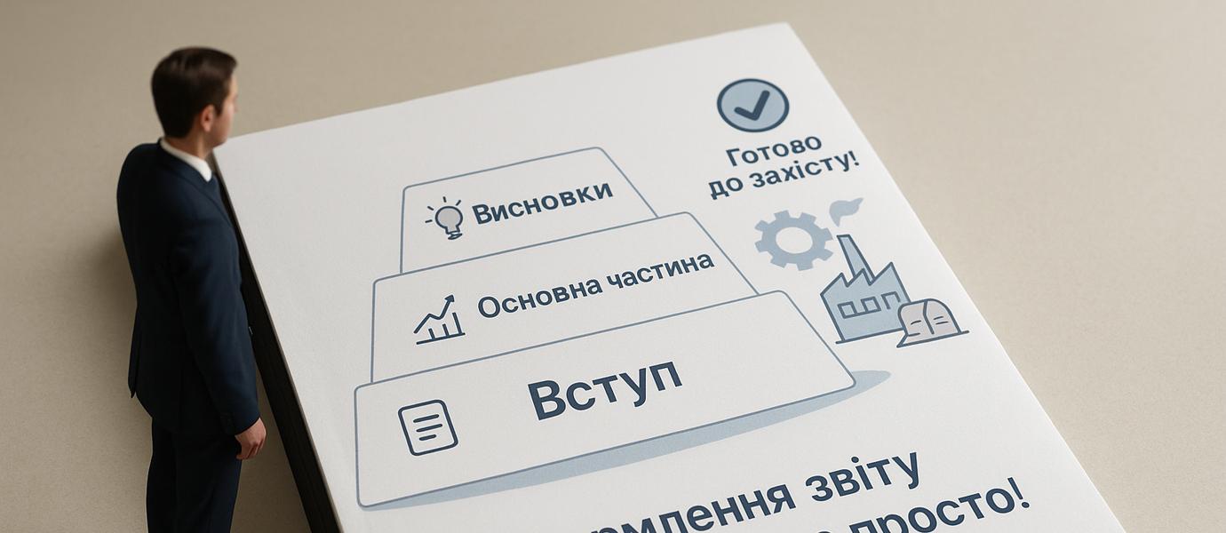 Фотореалістичний звіт з виробничої практики на столі з пірамідою розділів: вступ, основна частина, висновки та позначкою "Готово до захисту"