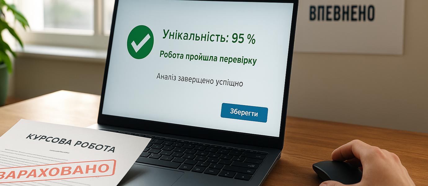 Студент перевіряє унікальність курсової роботи з голографічним інтерфейсом на екрані
