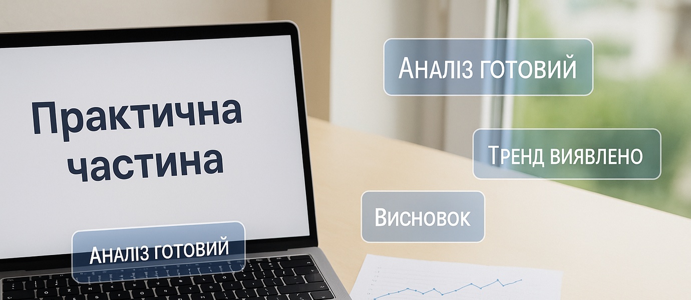 Робочий стіл з ноутбуком, графіком і таблицею, AR-підказки українською: “Аналіз готовий”, “Висновок”, “Дані оброблено”