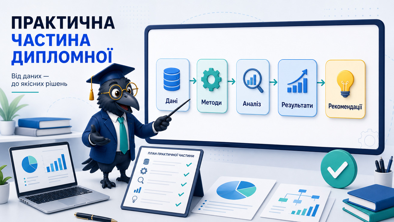 Ворон-аналітик в академічній шапочці пояснює логіку практичної частини дипломної роботи