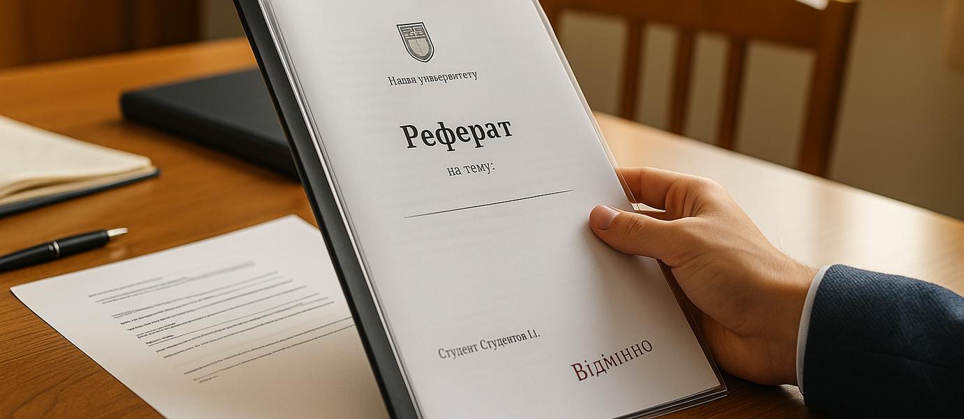 Реферат у папці з позначкою "Прийнято" на робочому столі студента