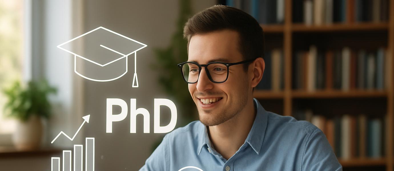 Аспірант працює над PhD-дисертацією, з доповненою реальністю та написом PhD