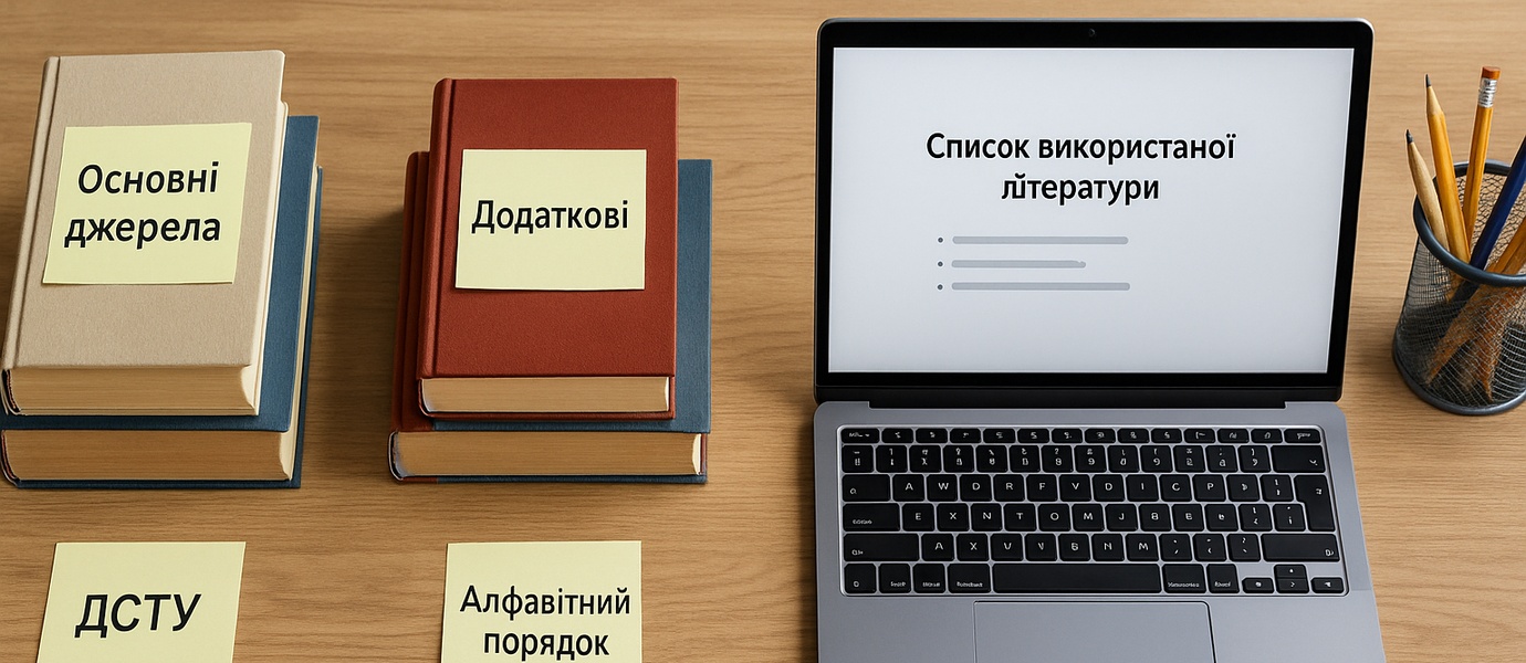 Список використаної літератури на екрані ноутбука, поруч книги з позначками “Основні джерела”, “Додаткові”, “ДСТУ”, “Алфавітний порядок”