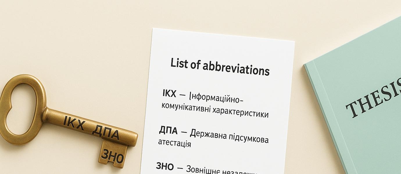 Ключ з абревіатурами ІКХ, ЗНО, ДПА та аркуш із розшифровками — символ списку скорочень у дипломі