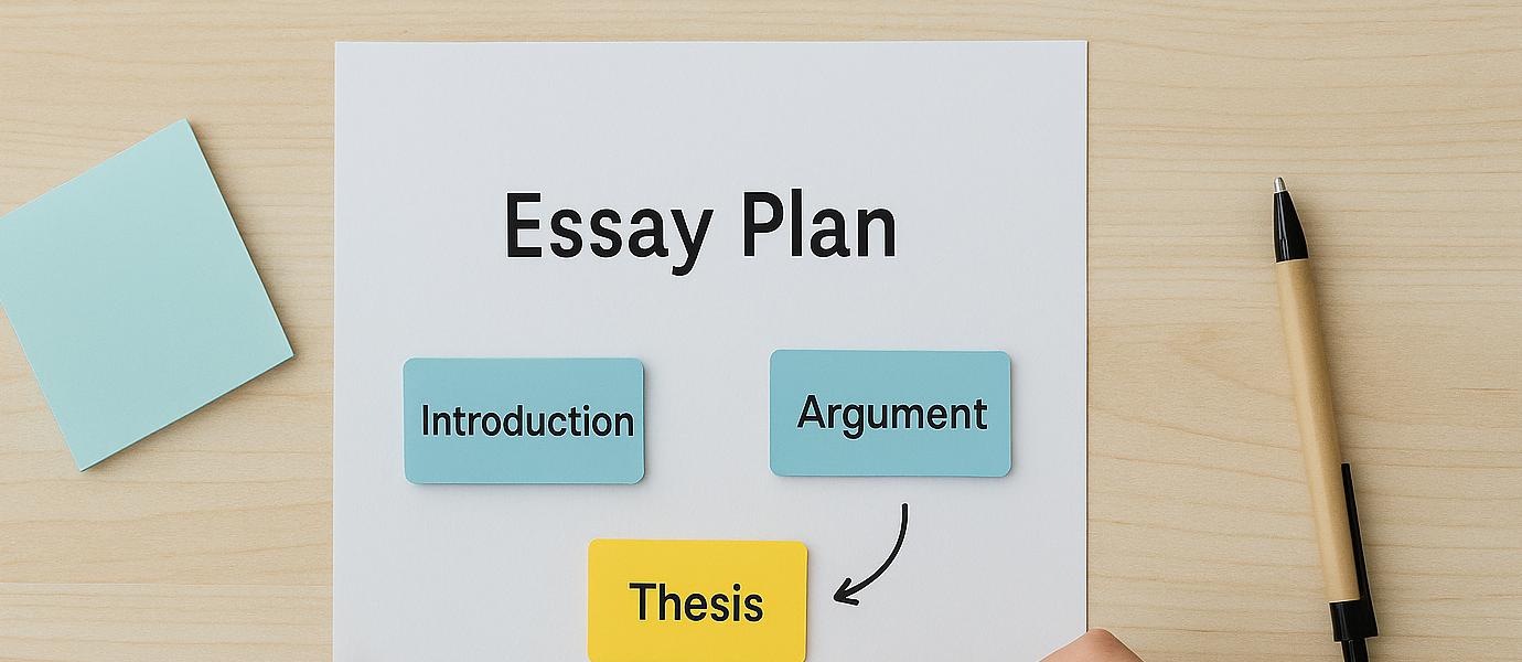 Стіл з аркушем та блоками з написами Thesis, Introduction, Argument, Conclusion — побудова структури есе