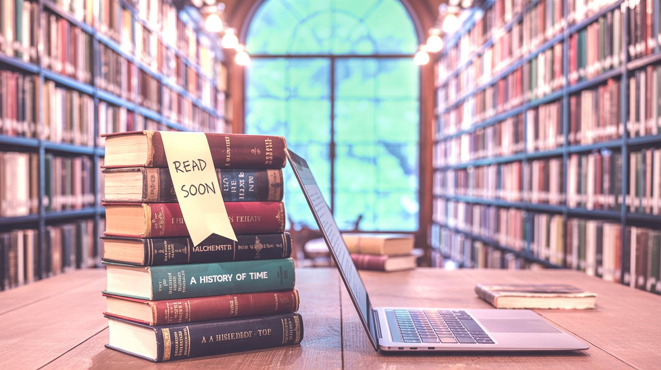 Стіл у бібліотеці з ноутбуком і стопкою книжок, підготовка теоретичної частини дипломної роботи