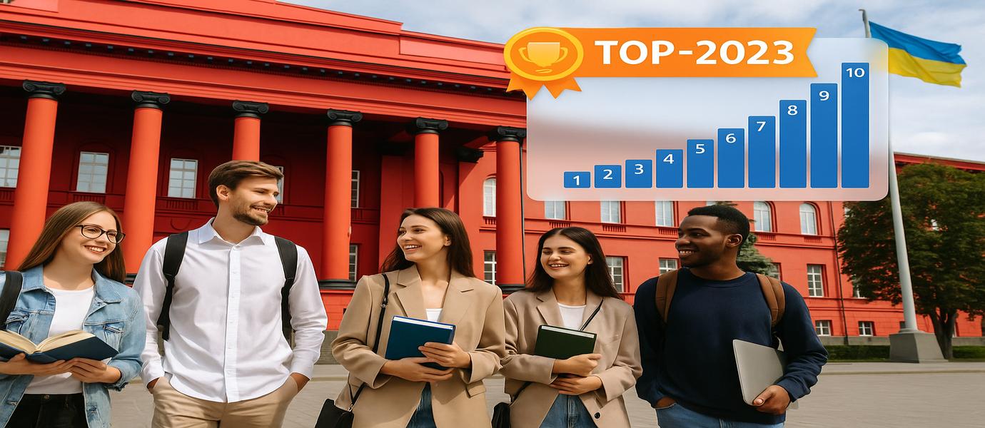 Студенти перед університетом у Києві, поруч графік рейтингу ТОП-2023