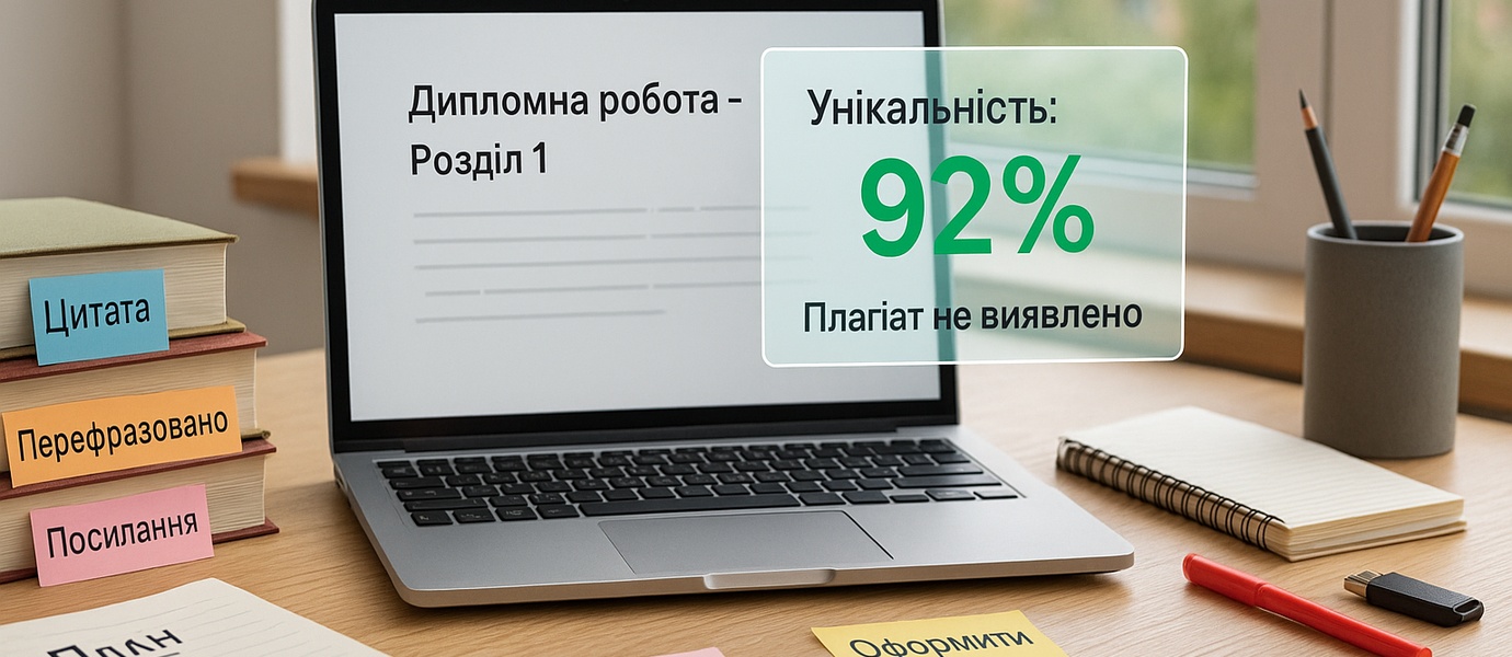 Перевірка унікальності дипломної роботи на ноутбуці, книги з підписами «Цитата», «Посилання», AR-позначка «Унікальність: 92%»