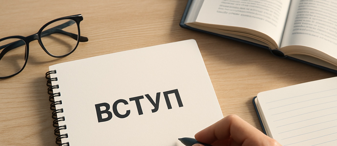 Початок написання вступу до дипломної роботи на чистому аркуші з написом "Вступ"