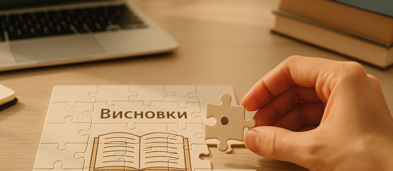Рука студента вкладає фінальний пазл із написом "Висновки" у дипломну роботу