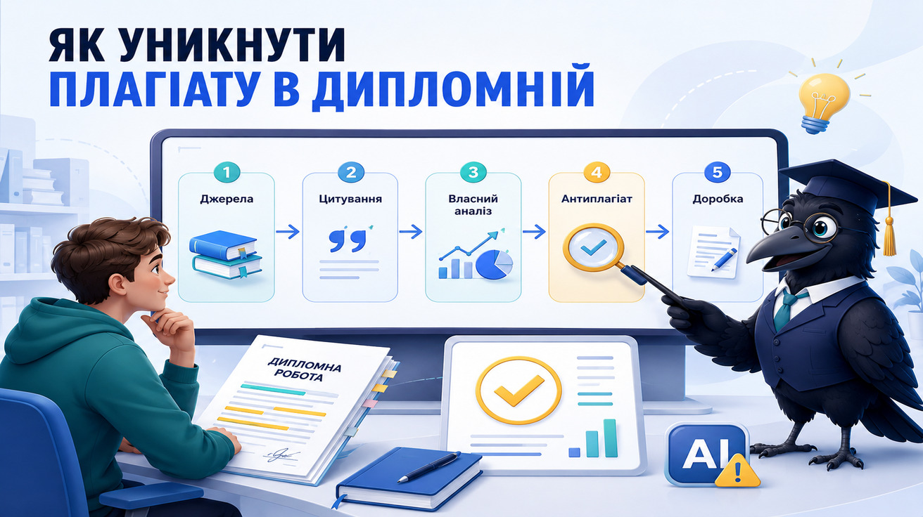 Ворон-аналітик в академічній шапочці пояснює, як уникнути плагіату в дипломній роботі
