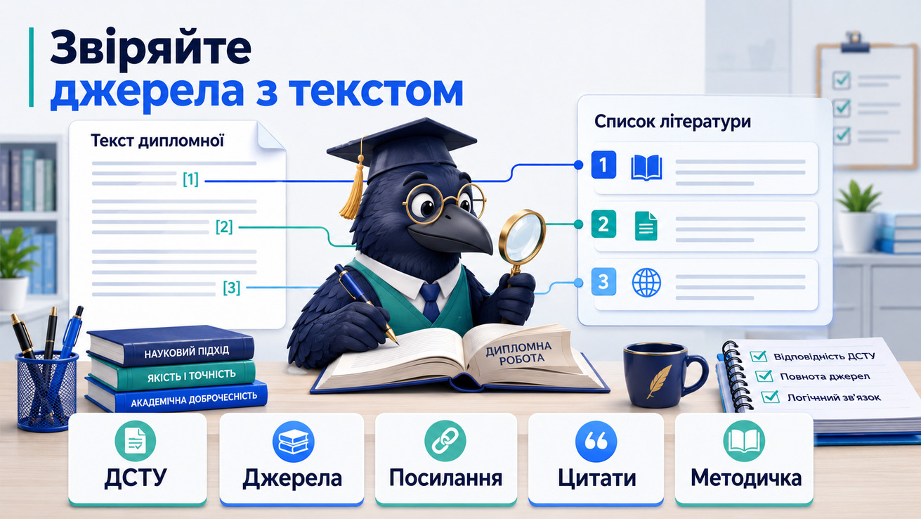 Ворон-аналітик звіряє джерела з текстом дипломної роботи та списком літератури