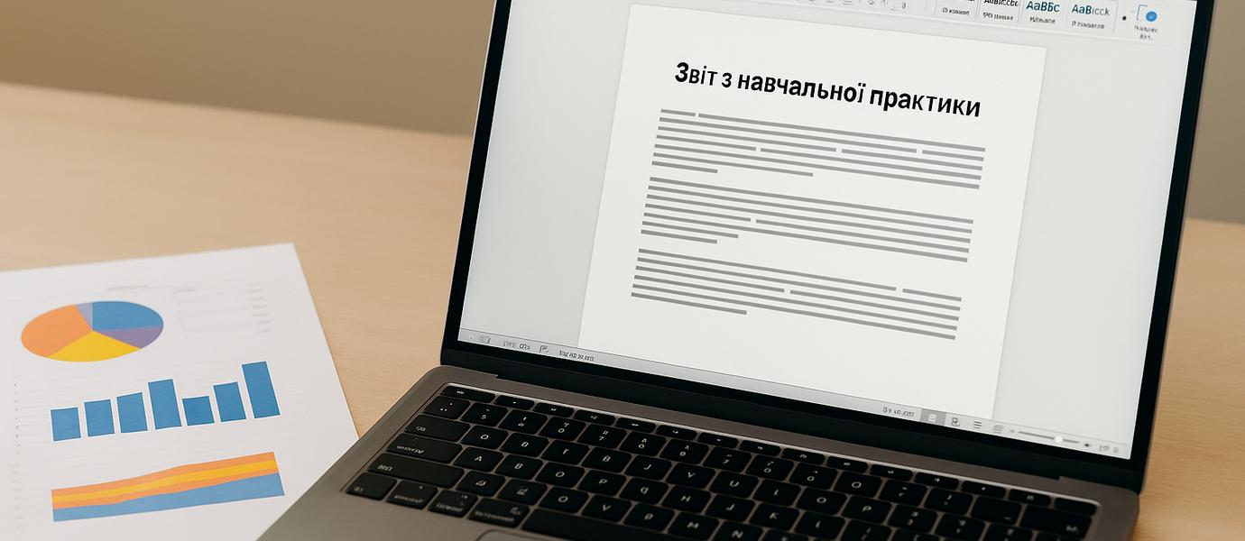 Ноутбук із відкритим звітом з навчальної практики та роздруковані графіки на робочому столі