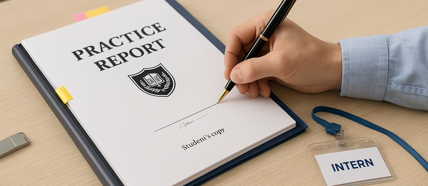 Підписання звіту по практиці студентом — документ з написом Practice Report, бейджик Intern, флешка на столі