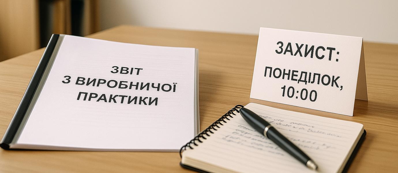Оформлений звіт з виробничої практики на столі поруч зі щоденником та ручкою
