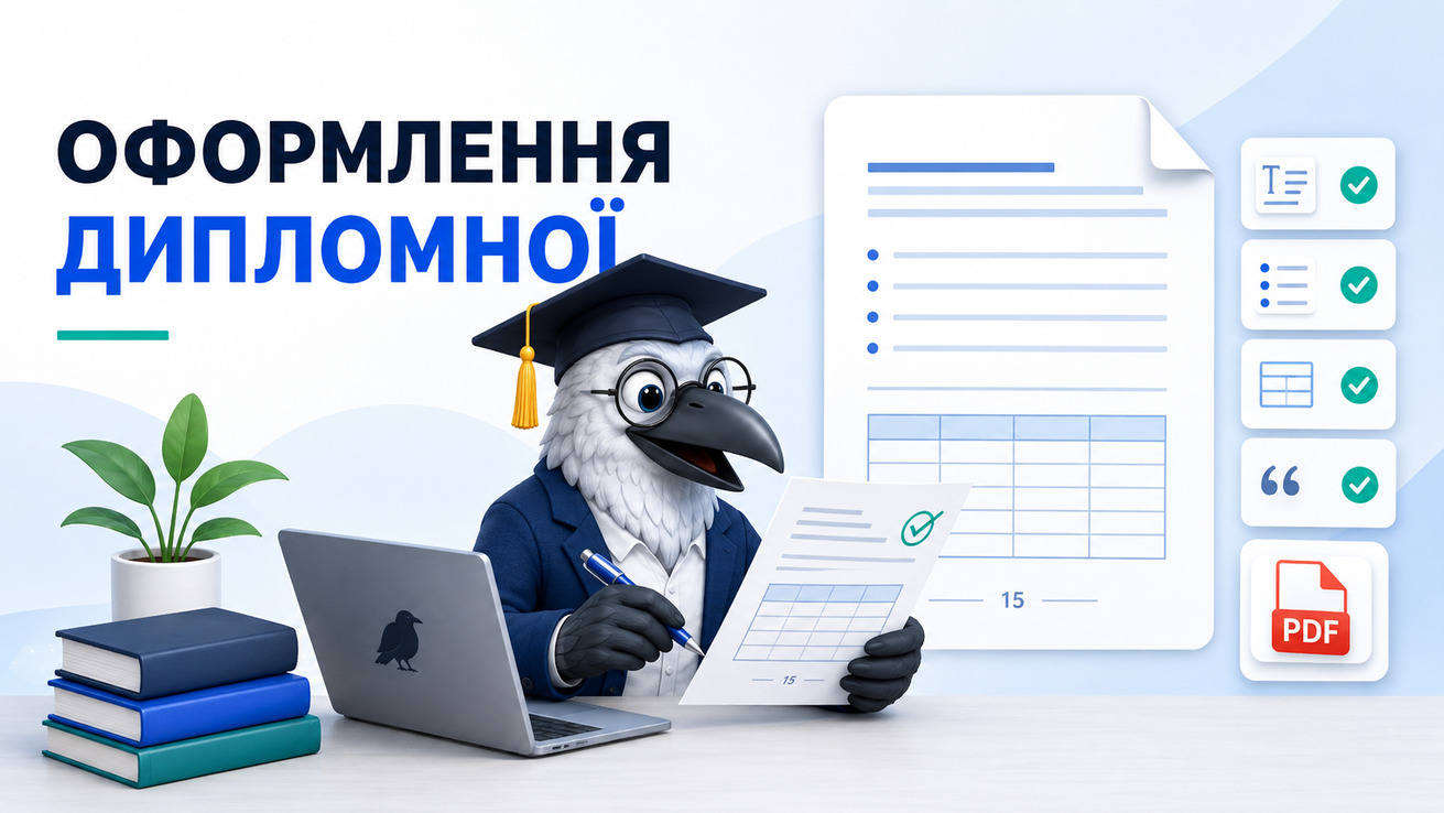 Ворон-аналітик в академічній шапочці перевіряє оформлення дипломної роботи у Word перед здачею