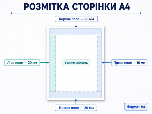 Схема розмітки сторінки А4 з полями 30 мм зліва, 10 мм справа, 20 мм зверху і знизу