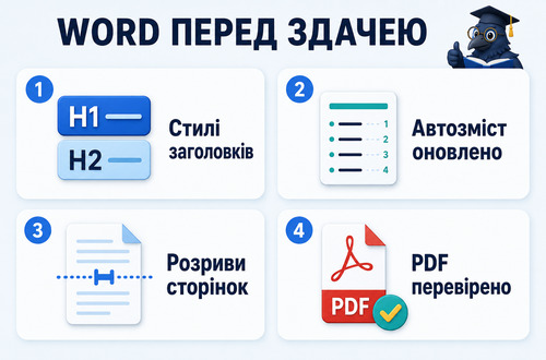 Інфографіка з технічною перевіркою дипломної роботи у Word перед здачею