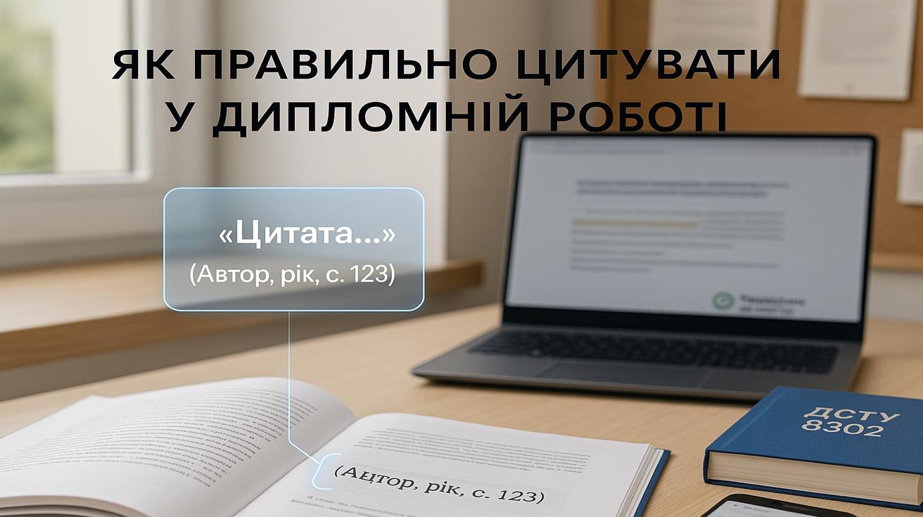 Правильне оформлення цитат у дипломній роботі — приклад на сторінці, книга ДСТУ 8302 та ноутбук із перевіркою на плагіат
