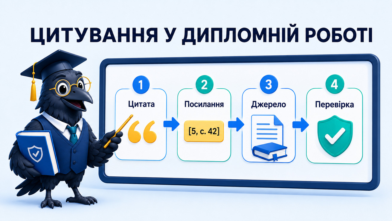 Ворон-аналітик в академічній шапочці пояснює, як правильно цитувати у дипломній роботі
