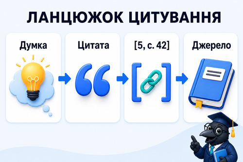 Інфографіка показує ланцюжок правильного цитування у дипломній роботі від чужої думки до джерела