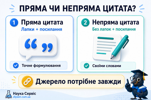 Інфографіка пояснює різницю між прямою і непрямою цитатою у дипломній роботі