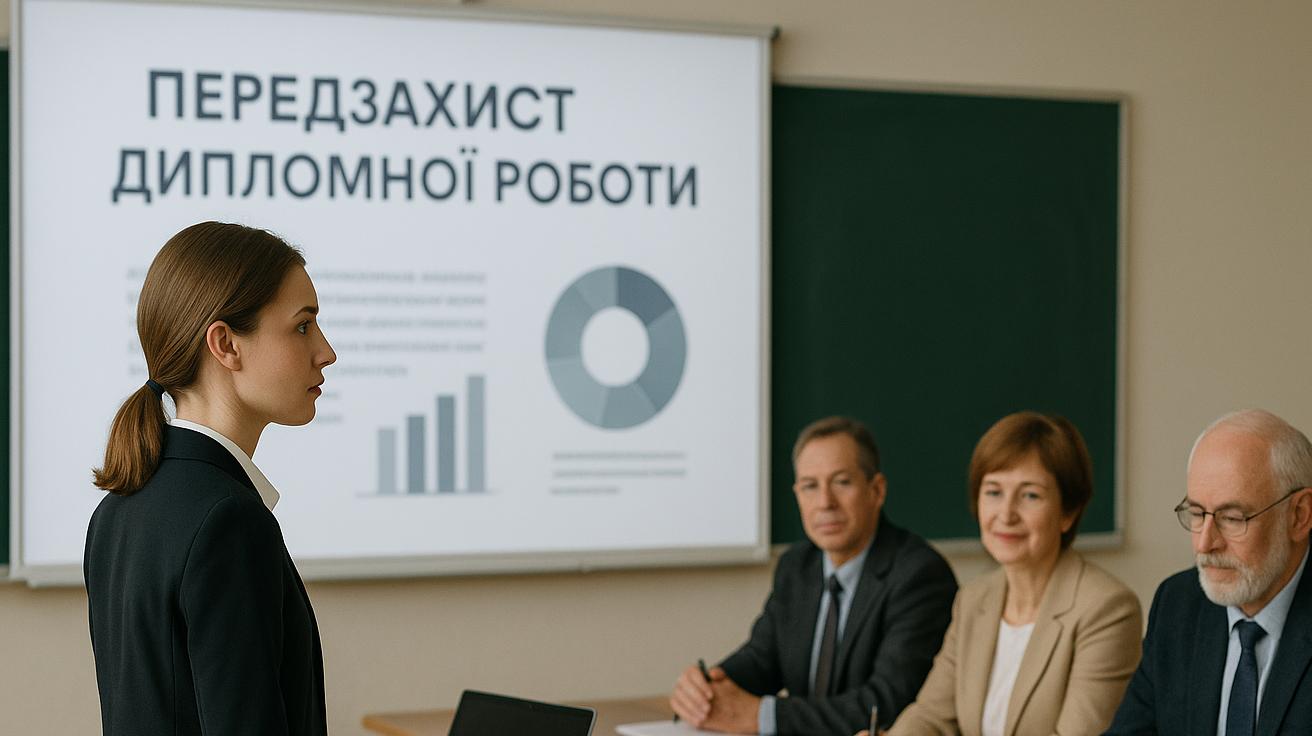 Студентка проходить передзахист дипломної роботи перед комісією в університеті