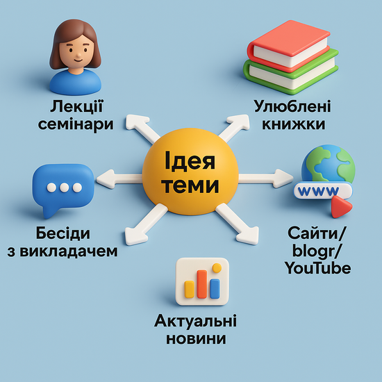Візуалізація джерел ідей для теми реферату: лекції, улюблені книжки, сайти, YouTube, новини, бесіди з викладачем.