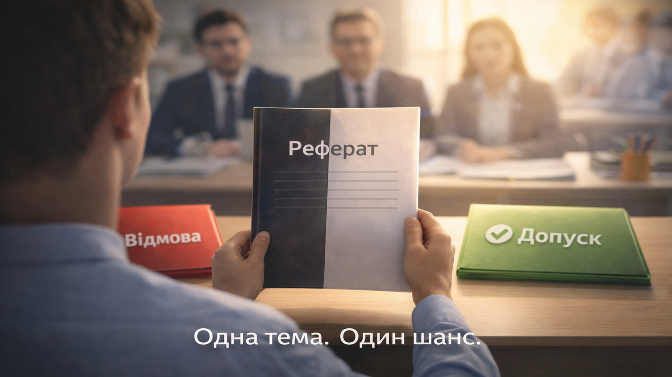 Вступник тримає реферат перед приймальною комісією між рішеннями «Відмова» та «Допуск», символ вибору теми реферату