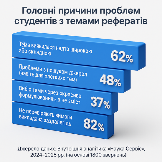 інфографіка з горизонтальними стовпчиками, яка показує головні проблеми студентів під час вибору теми реферату: надто широка тема, складно знайти джерела, вибір через «гарну» назву, ігнорування вимог викладача