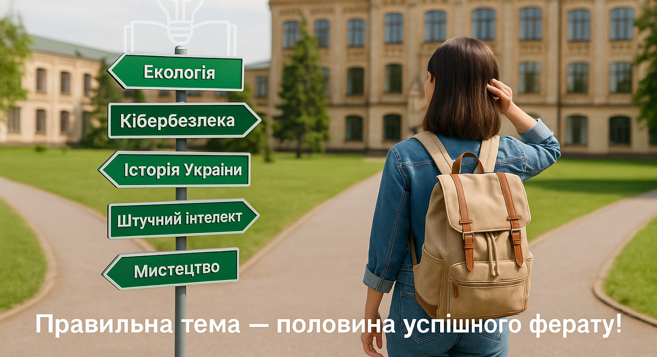 Студентка на роздоріжжі біля університету обирає тему реферату між різними навчальними напрямами