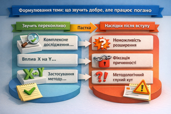 3D інфографіка українською мовою про формулювання теми реферату аспіранта: що звучить переконливо, але створює ризики для майбутньої дисертації