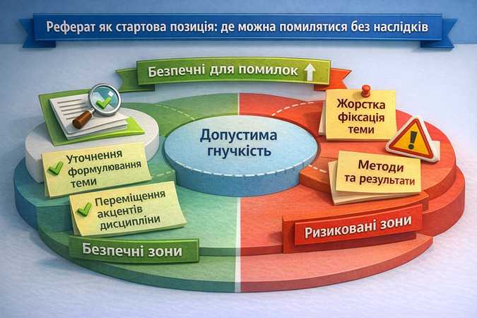 3D інфографіка українською мовою про реферат аспіранта як стартову позицію: безпечні та ризиковані зони помилок на етапі вступу в аспірантуру