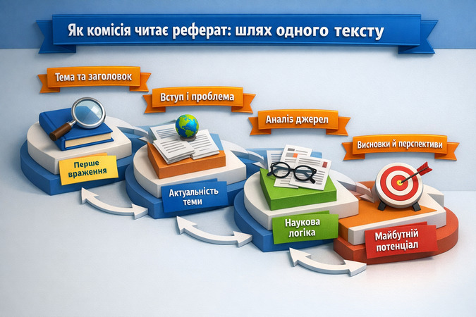 3D інфографіка, що показує, як приймальна комісія читає реферат аспіранта: від теми та вступу до аналізу джерел і оцінки наукової перспективи