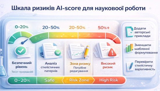 Шкала ризиків AI-score для наукової роботи з зонами Safe, Risk Zone та High Risk і поясненнями дій студента