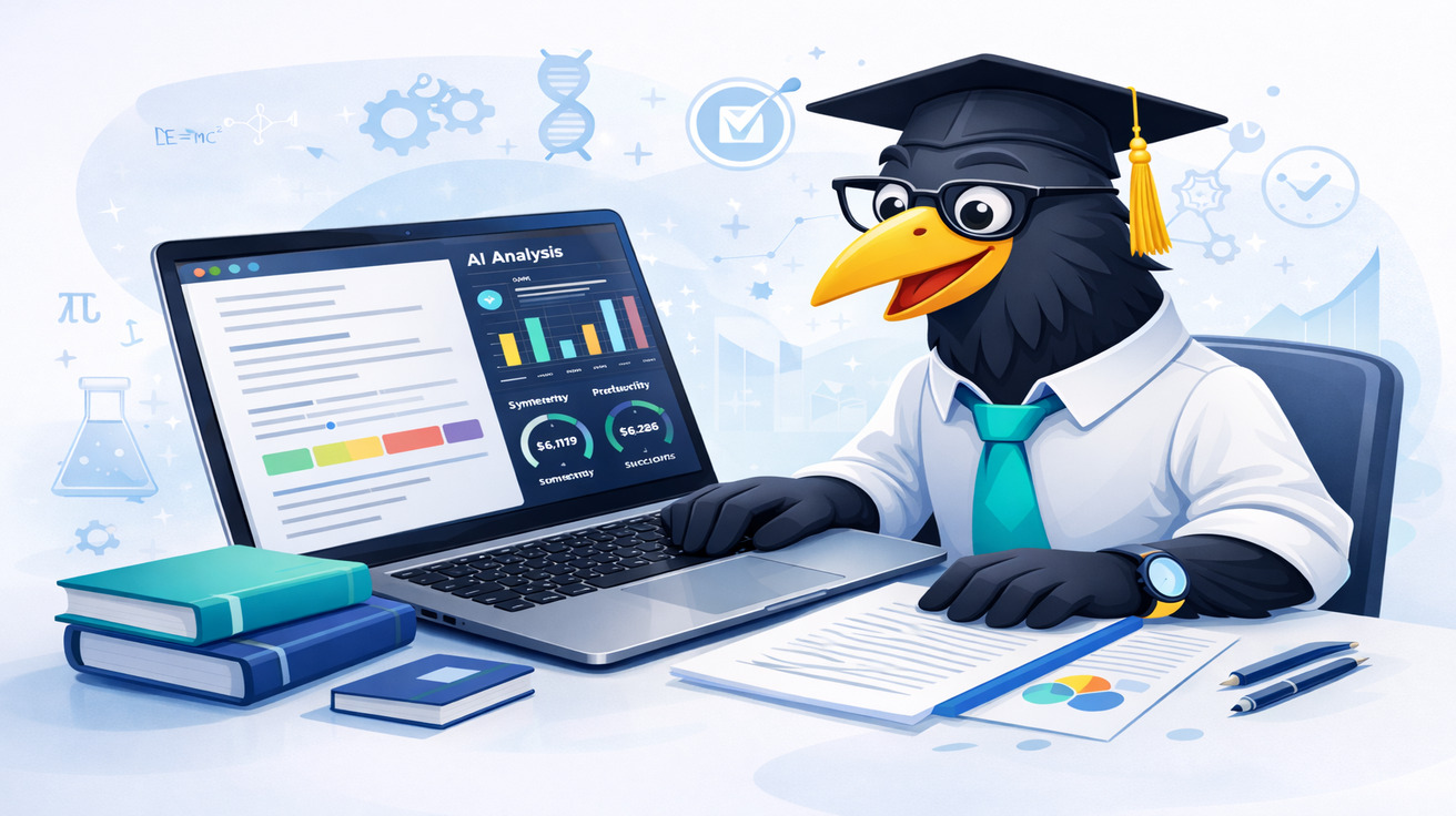 Ворон-аналітик за ноутбуком аналізує науковий текст з графіками AI-детекції та індикаторами ризику