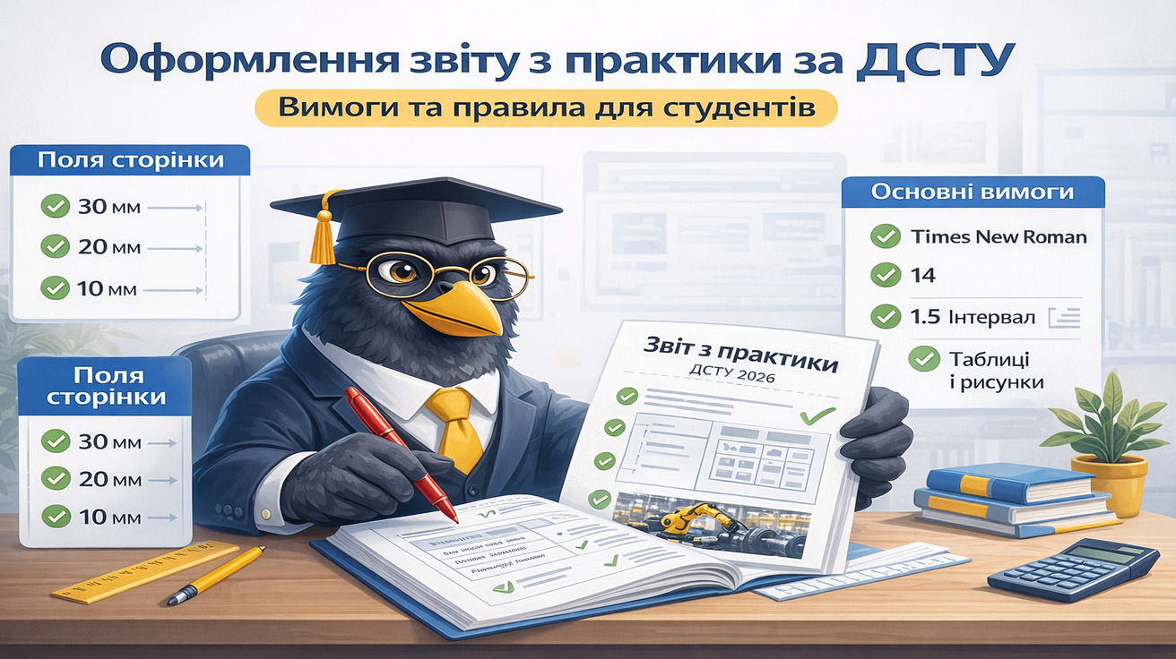 Ворон-аналітик у академічній шапочці перевіряє оформлення звіту з практики за ДСТУ: поля сторінки, шрифт, інтервал, таблиці та рисунки