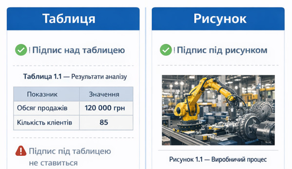 Пояснення правил підпису таблиць і рисунків у студентських роботах: підпис над таблицею та підпис під рисунком