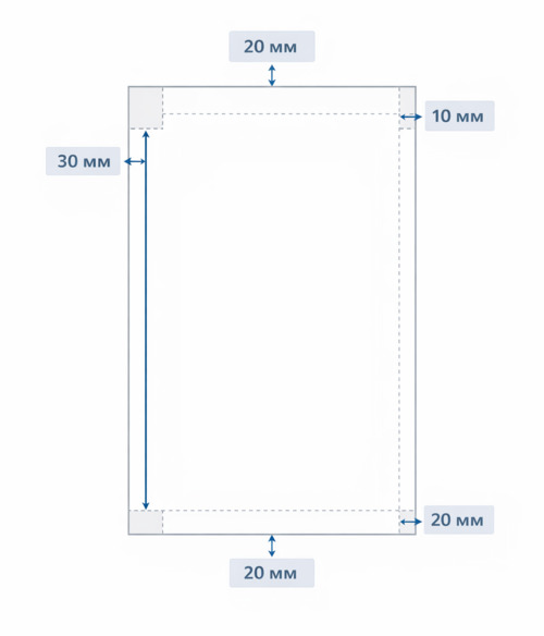 Схема полів сторінки за ДСТУ: ліве 30 мм, праве 10 мм, верхнє 20 мм, нижнє 20 мм