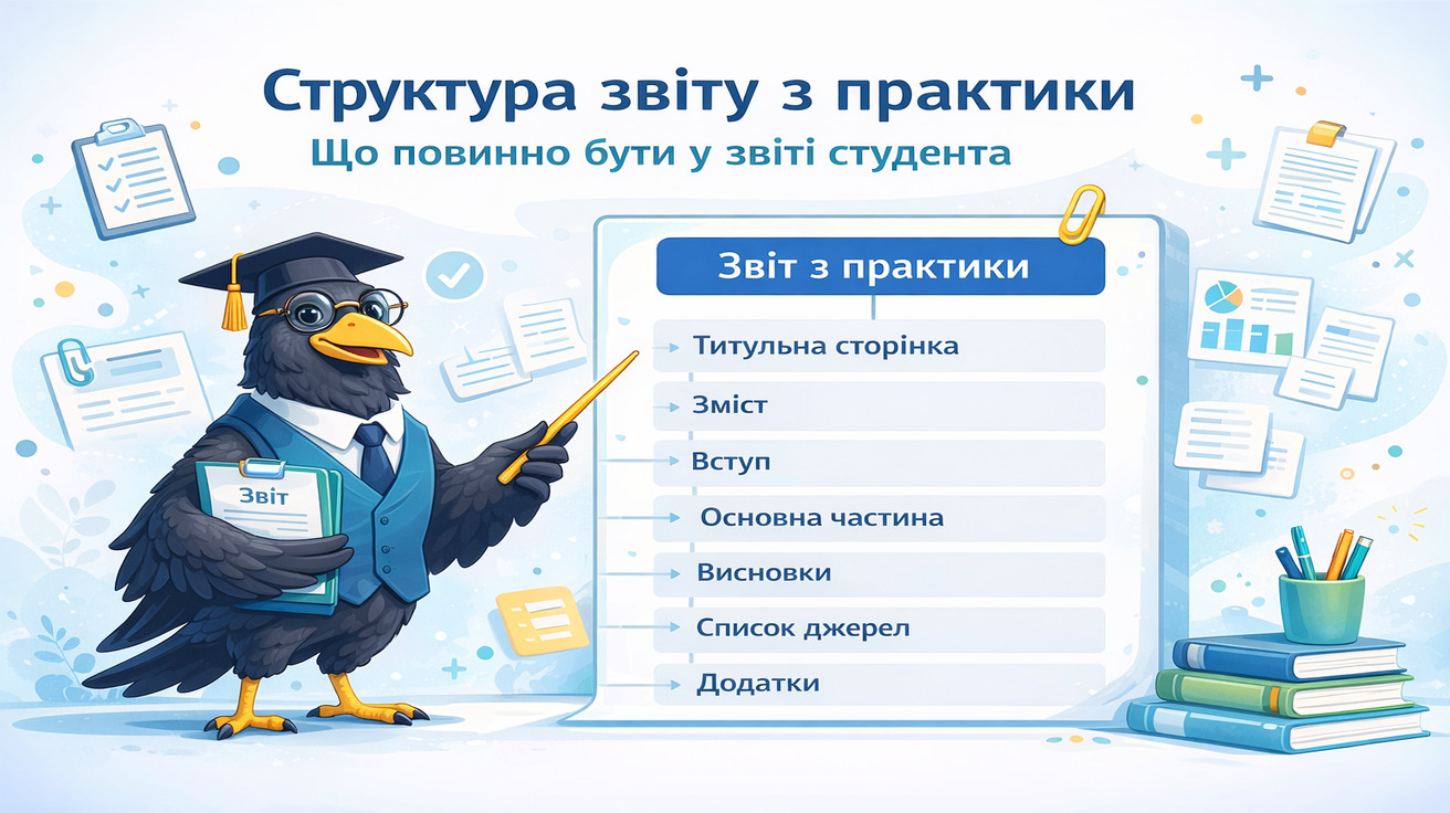 Структура звіту з практики для студента — схема розділів документа з поясненням від персонажа Ворон-аналітик