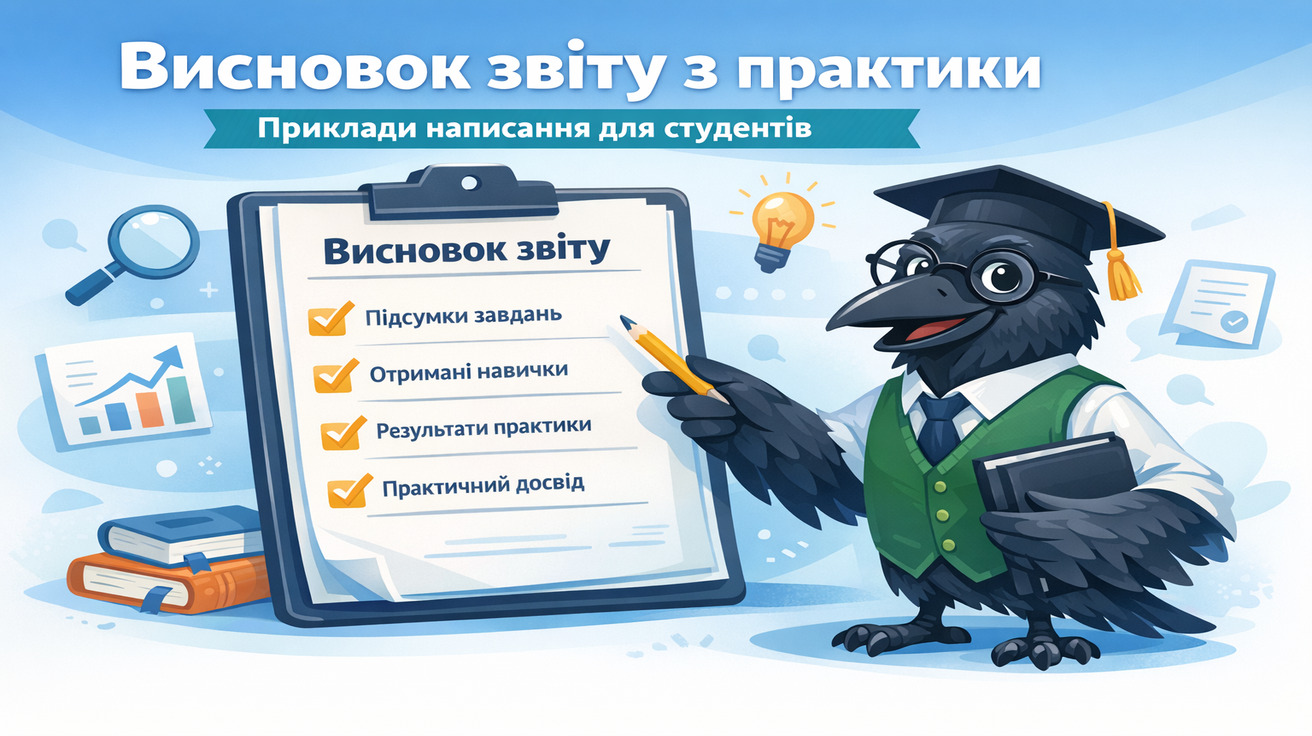 Висновок звіту з практики — приклади написання для студентів, інфографіка з маскотом Ворон-аналітик
