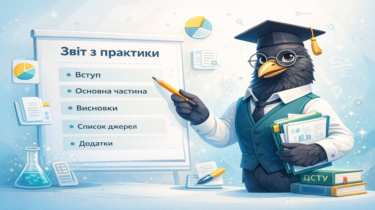 Ворон-аналітик пояснює структуру звіту з практики 2026: вступ, основна частина, висновки, список джерел і додатки