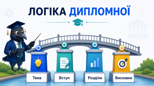 Інфографіка з логічним зв’язком теми, вступу, розділів і висновків у дипломній роботі