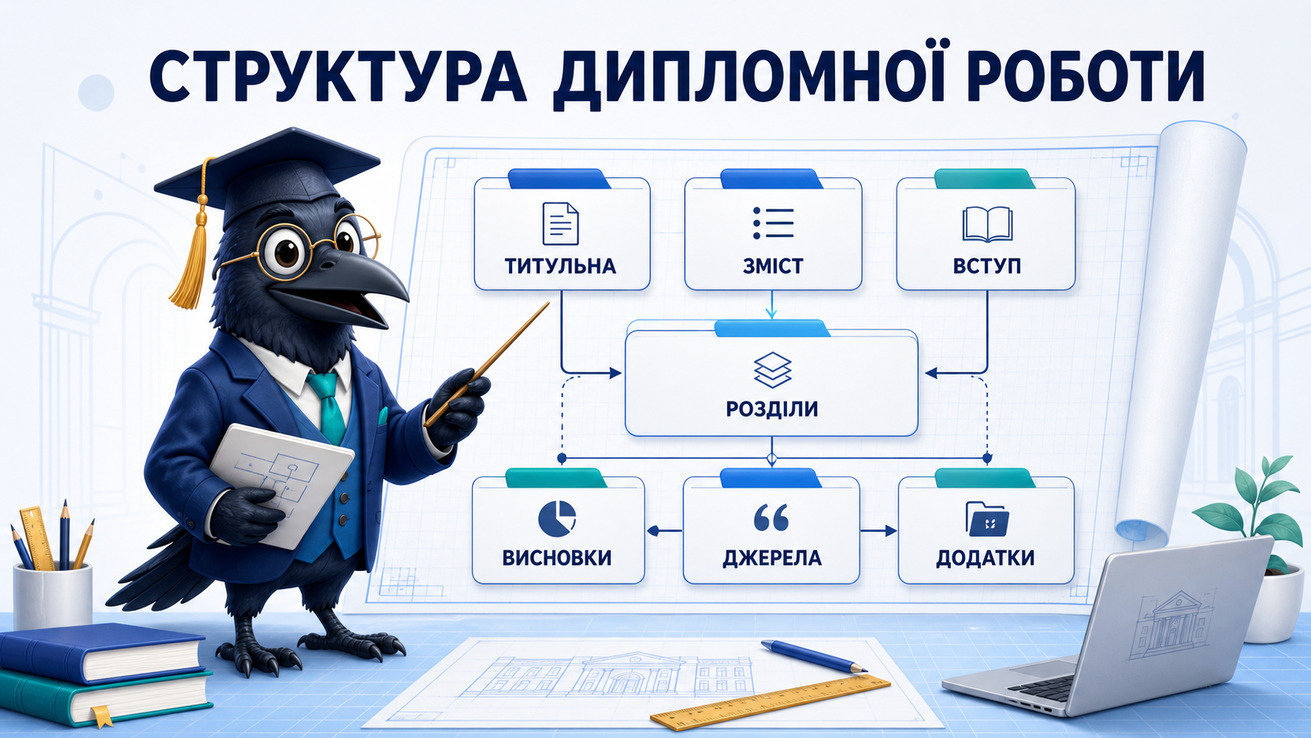 Ворон-аналітик показує архітектуру структури дипломної роботи з основними розділами