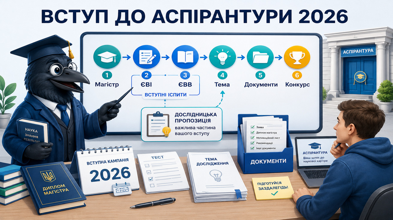 Ворон-аналітик в академічній шапочці пояснює етапи вступу до аспірантури в Україні у 2026 році
